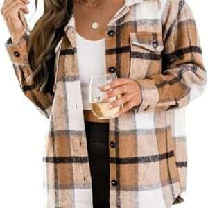 Trendy Queen Women’s Flannel Shacket – Plaid Button-Down Casual Jacket, Long Sleeve Shirt for Fall & Winter