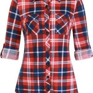 DJT Women’s Plaid Shirt – Soft Knit, Roll-Up Sleeves, Stylish Collared Blouse