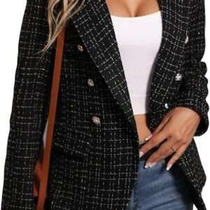 Elegant 2024 Winter Tweed Blazer for Women - Warm Plaid Business Casual Jacket with Pockets, Fully-Lined