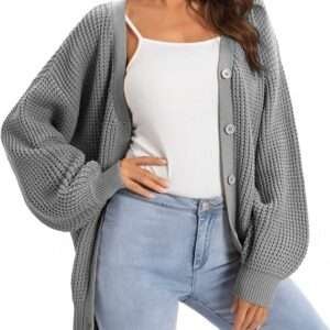 QUALFORT Women's Oversized 100% Cotton Cardigan Sweater - Button-Down, Long Sleeve, Knit Design